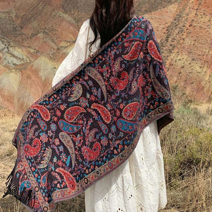 Buddha Stonesエスニック刺繍ペイズリー花柄タッセルソフトスカーフショール - 黒 - image 0