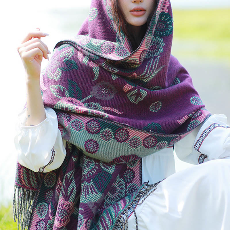 Buddha Stonesジャカードエスニックペイズリー植物柄タッセルソフトサーマルスカーフショール - 紫の花柄 - 70～190cm - image 28