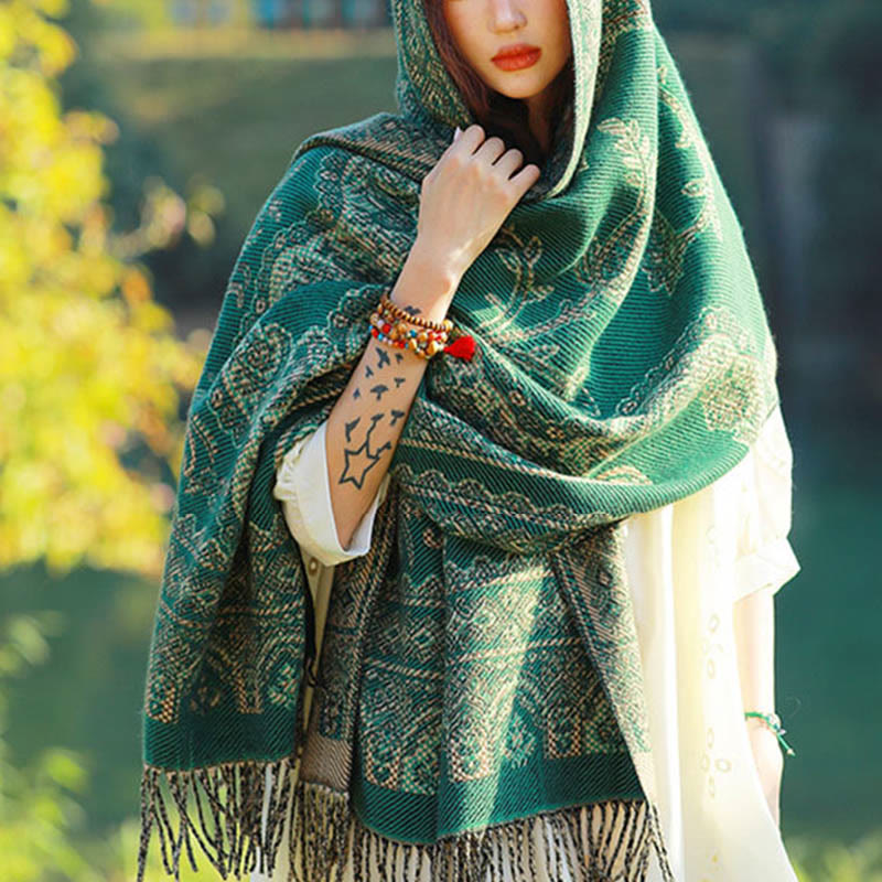 Buddha Stonesジャカードエスニックペイズリー植物柄タッセルソフトサーマルスカーフショール - image 2