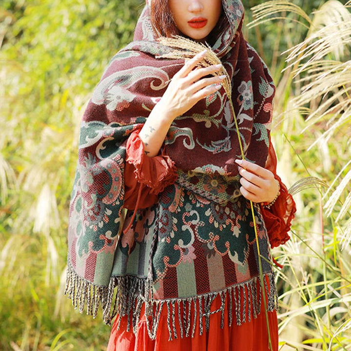 Buddha Stonesジャカードエスニックペイズリー植物柄タッセルソフトサーマルスカーフショール - ダークレッドペイズリー - 70～190cm - image 3