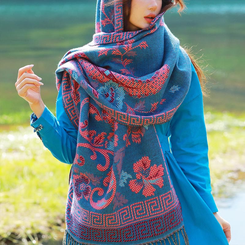 Buddha Stonesジャカードエスニックペイズリー植物柄タッセルソフトサーマルスカーフショール - スティールブルーフローラル - 70～190cm - image 37