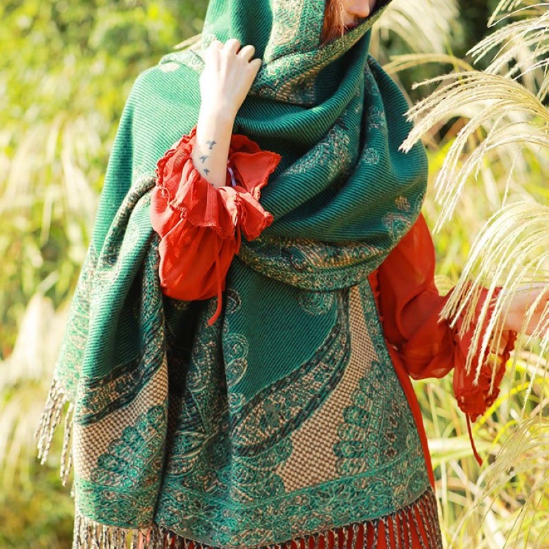 Buddha Stonesジャカードエスニックペイズリー植物柄タッセルソフトサーマルスカーフショール - シーグリーンペイズリー - 70～190cm - image 44