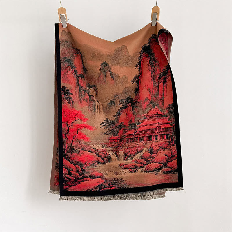 Buddha Stones冬の風景画柄 タッセル 厚手 スカーフ ショール - image 1