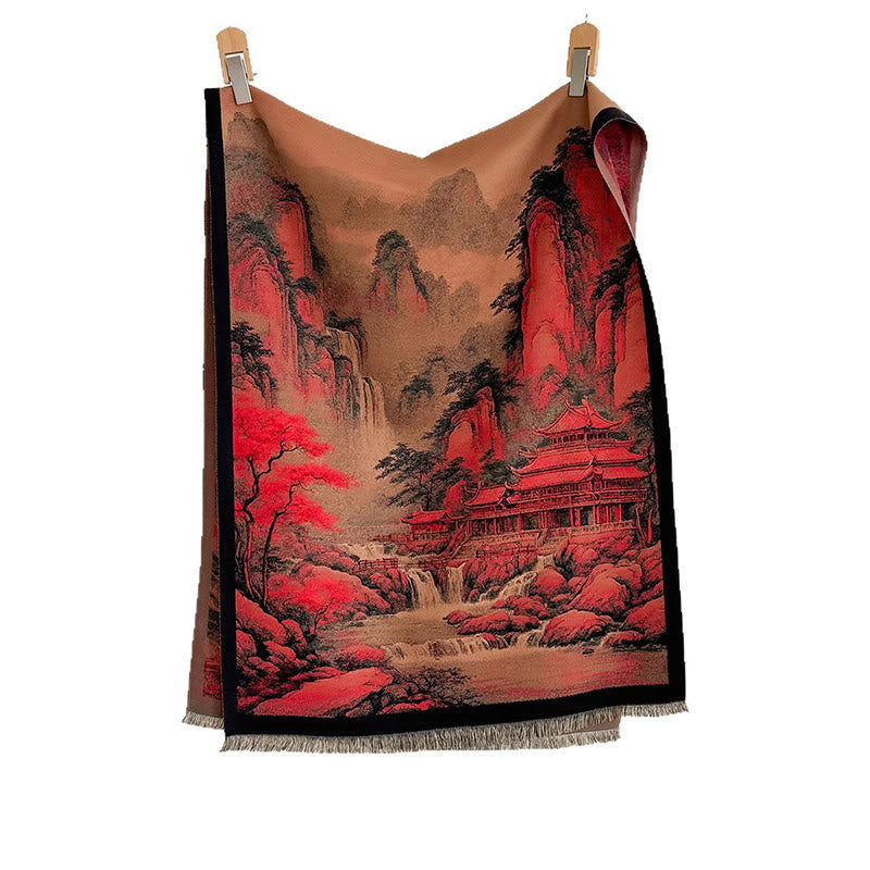 Buddha Stones冬の風景画柄 タッセル 厚手 スカーフ ショール - image 5