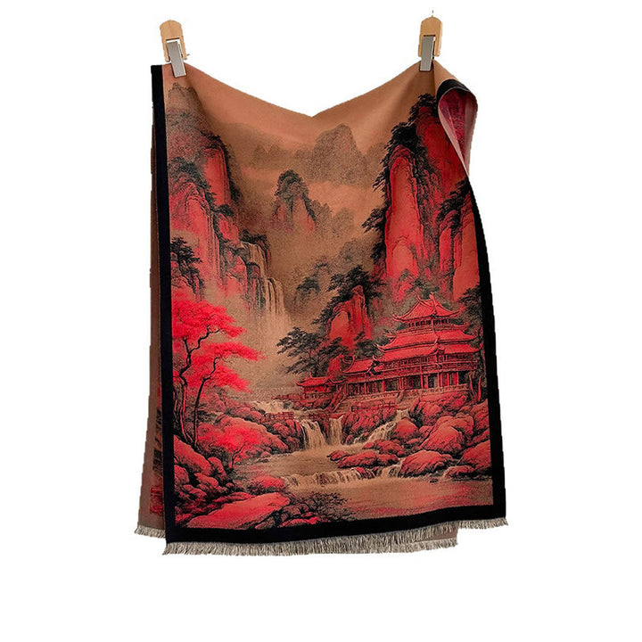 Buddha Stones冬の風景画柄 タッセル 厚手 スカーフ ショール - image 5
