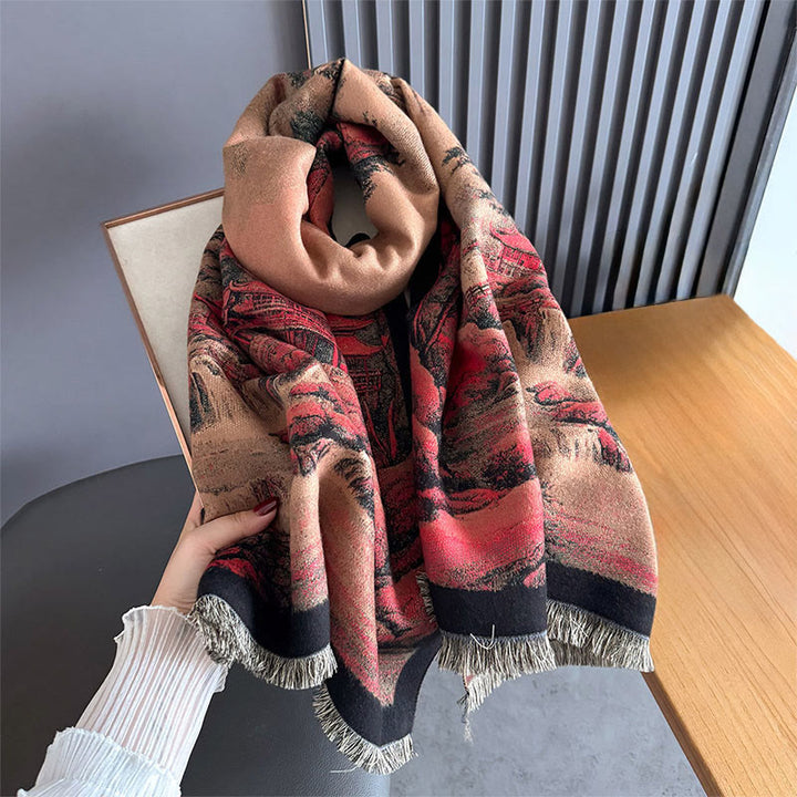 Buddha Stones冬の風景画柄 タッセル 厚手 スカーフ ショール - image 2