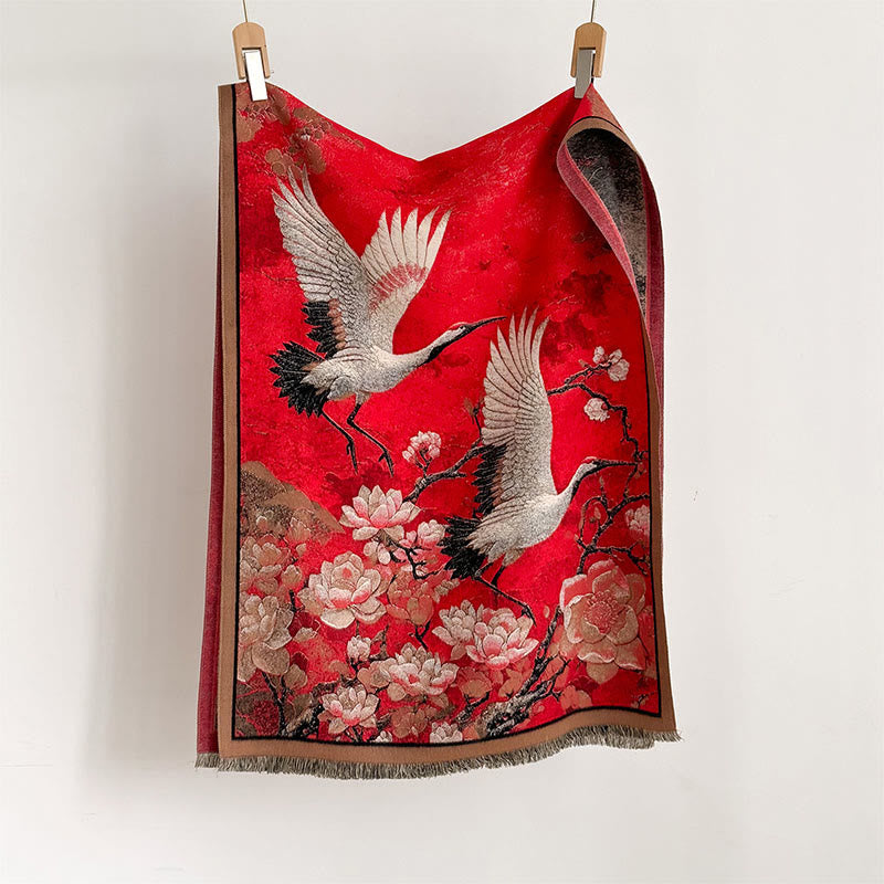 Buddha Stones、秋鶴、蓮、梅の花柄、タッセル、心地よいソフトスカーフショール - image 1