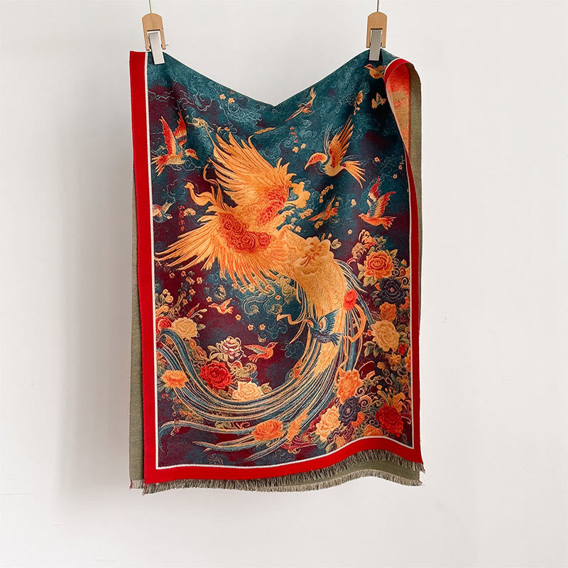 Buddha Stones冬 鳳凰 花 鳥 柄 タッセル 保温 ソフト スカーフ ショール - image 1