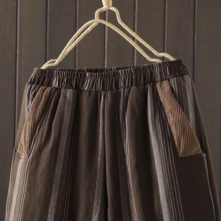 Buddha Stones通勤用サーマルストライプコットンコーデュロイレディースハーレムパッド入りパンツ（ポケット付き） - image 2