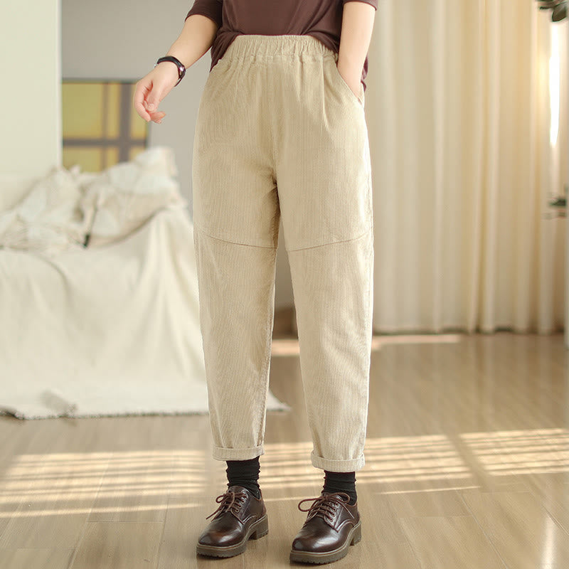 Buddha Stonesプレーンテーパードコットンコーデュロイレディースハーレムサーマルフリース裏地パンツ（ポケット付き） - image 1