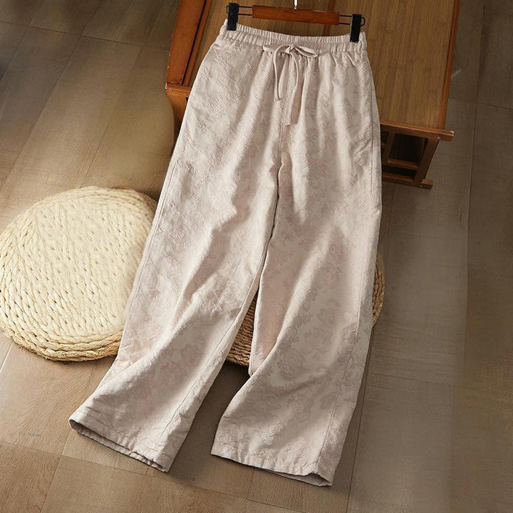 Buddha Stones冬用サーマル ジャカード 花柄 レディース ワイドレッグ コットンパンツ ポケット付き - アンティークホワイト - US8-10，UK/AU12-14，EU40-42 (2XL) - image 7