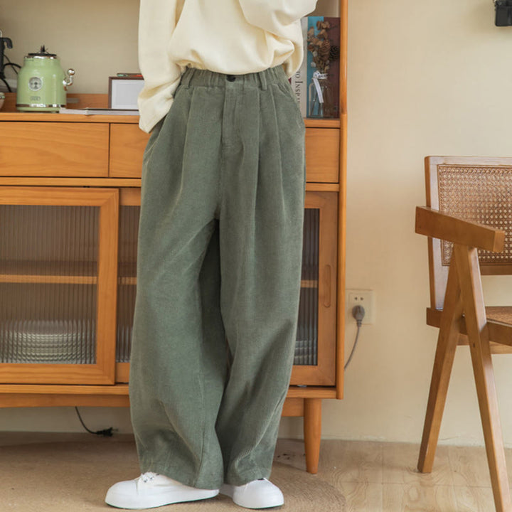 Buddha Stonesレディース ハイウエスト ジッパーデザイン ワイドレッグ コットンコーデュロイパンツ ポケット付き - image 2