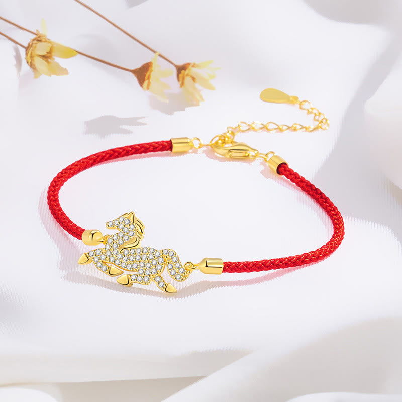 Buddha Stones925スターリングシルバーメッキ 18Kゴールド赤紐馬年強さブレスレット - 馬（手首周り14～18cm） - image 0