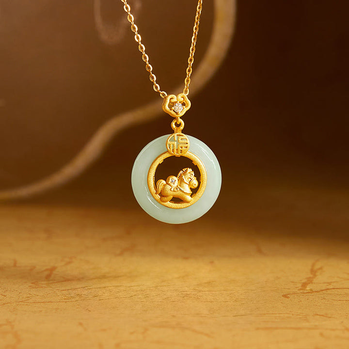 Buddha Stones925スターリングシルバー 午年 和田翡翠平和のお守りチャーム幸運ネックレスペンダント - 翡翠（豊かさ♥豊穣） - image 0
