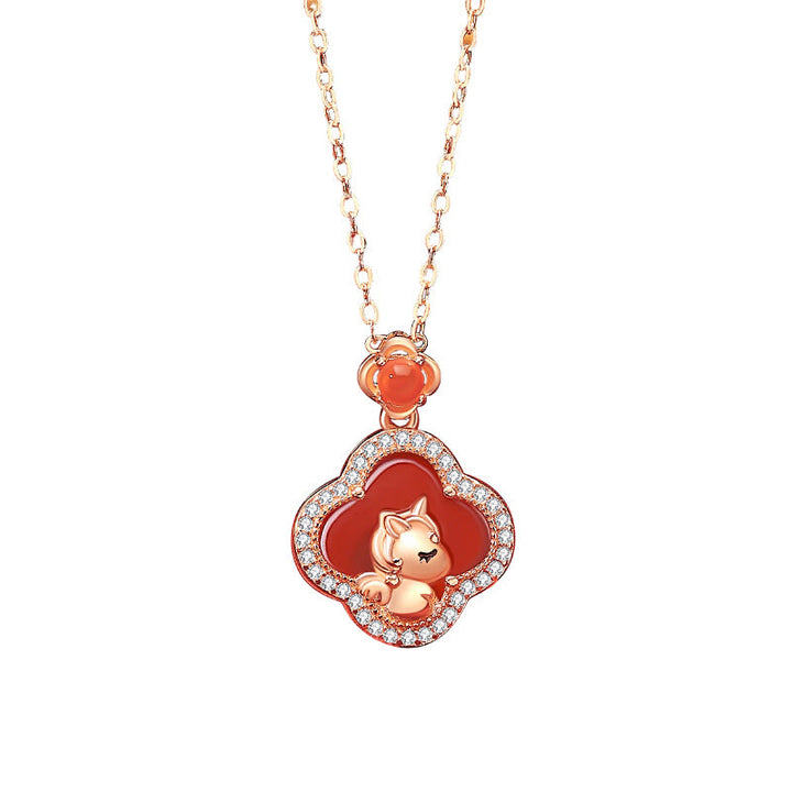 Buddha Stones925スターリングシルバー 馬年 四つ葉のクローバー レッドアゲート カームネックレスペンダント - image 3