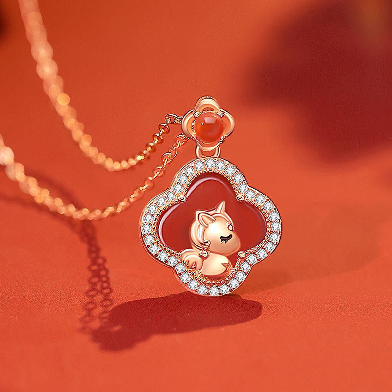 Buddha Stones925スターリングシルバー 馬年 四つ葉のクローバー レッドアゲート カームネックレスペンダント - image 1