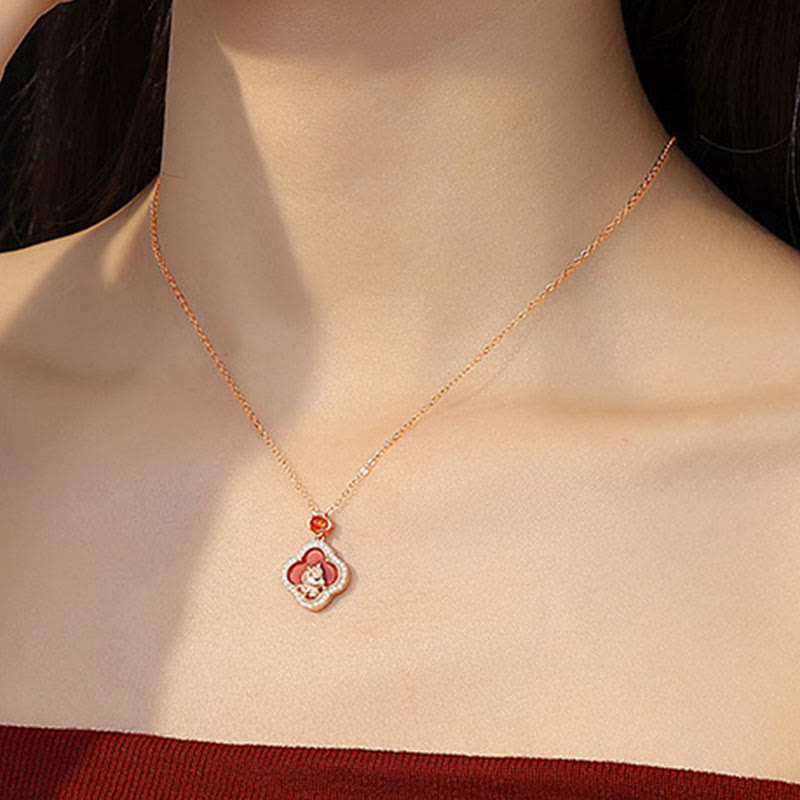 Buddha Stones925スターリングシルバー 馬年 四つ葉のクローバー レッドアゲート カームネックレスペンダント - image 4