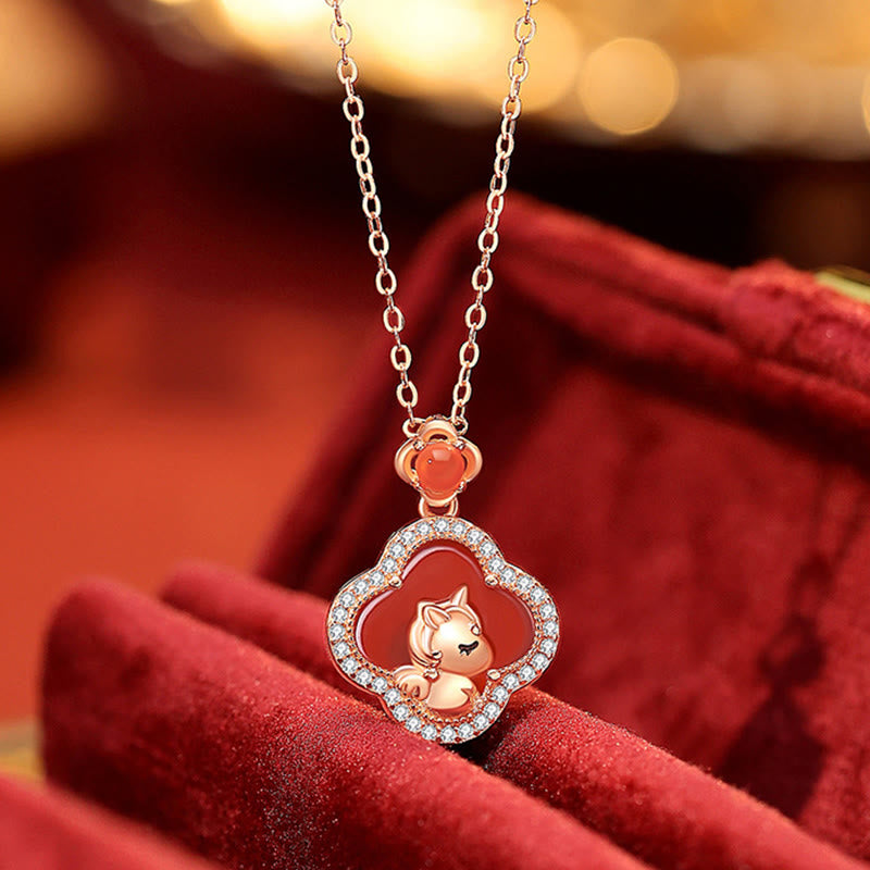 Buddha Stones925スターリングシルバー 馬年 四つ葉のクローバー レッドアゲート カームネックレスペンダント - image 2