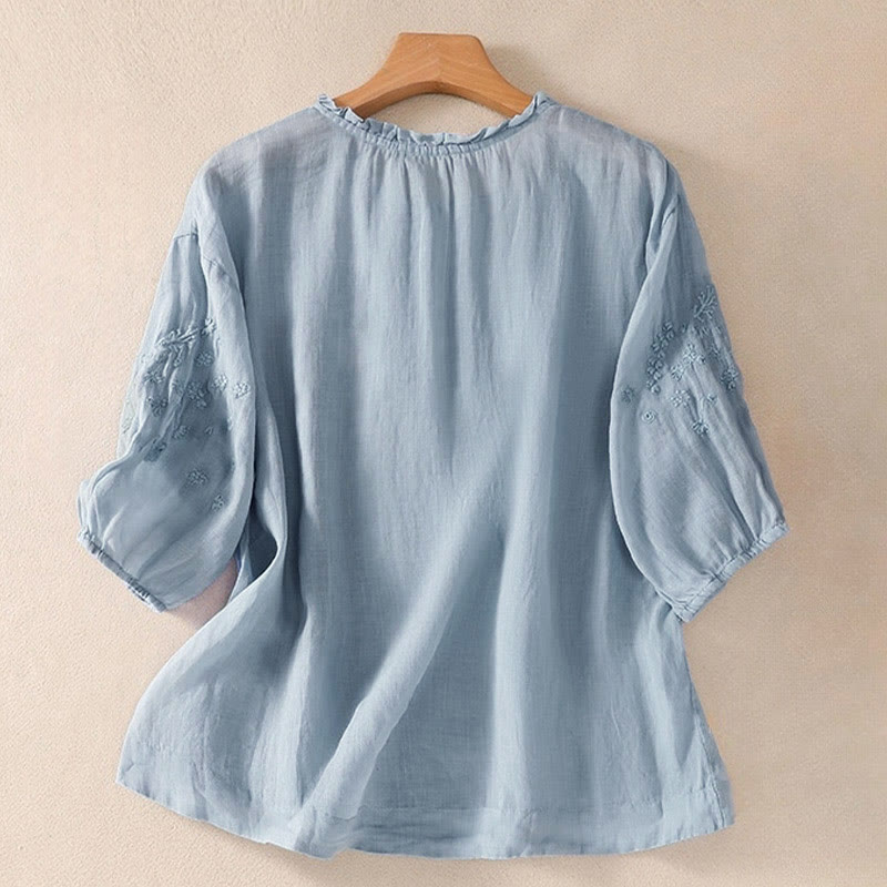Buddha Stonesカジュアル 無地 ボタン 花柄 刺繍デザイン パフ 半袖 レディース シャツ - image 1