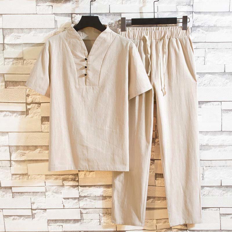 Buddha Stones 2点セット 無地 コットン ボタン 半袖 Tシャツ パンツ メンズ セット - アンティークホワイト - US/UK/AU44、EU54 (5XL) - image 11