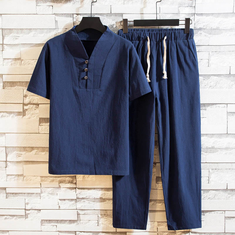 Buddha Stones 2点セット 無地 コットン ボタン 半袖 Tシャツ パンツ メンズ セット - スティールブルー - US/UK/AU46、 EU56 (5XL) - image 12