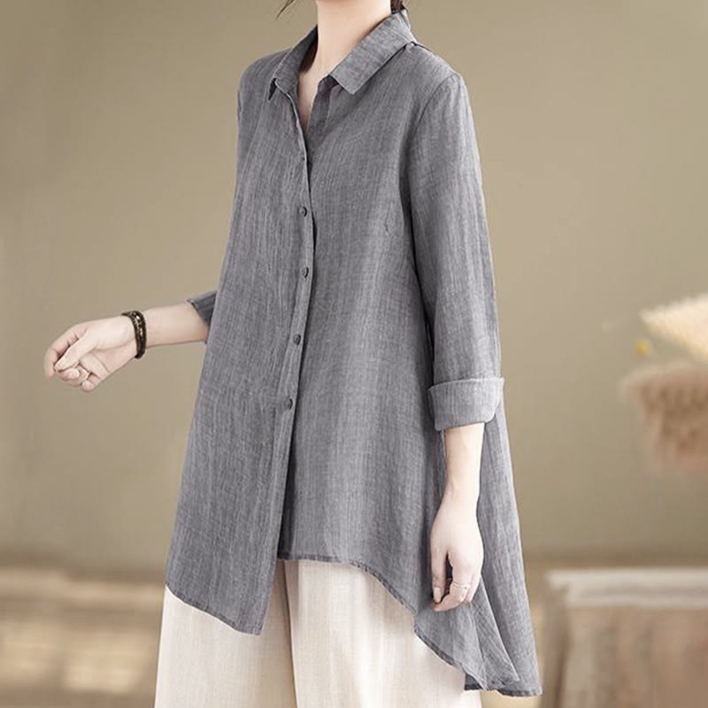 Buddha Stones不規則なデザインボタン 長袖 レディース コットンシャツ - グレー - US12、 UK/AU16、 EU44 (3XL) - image 0