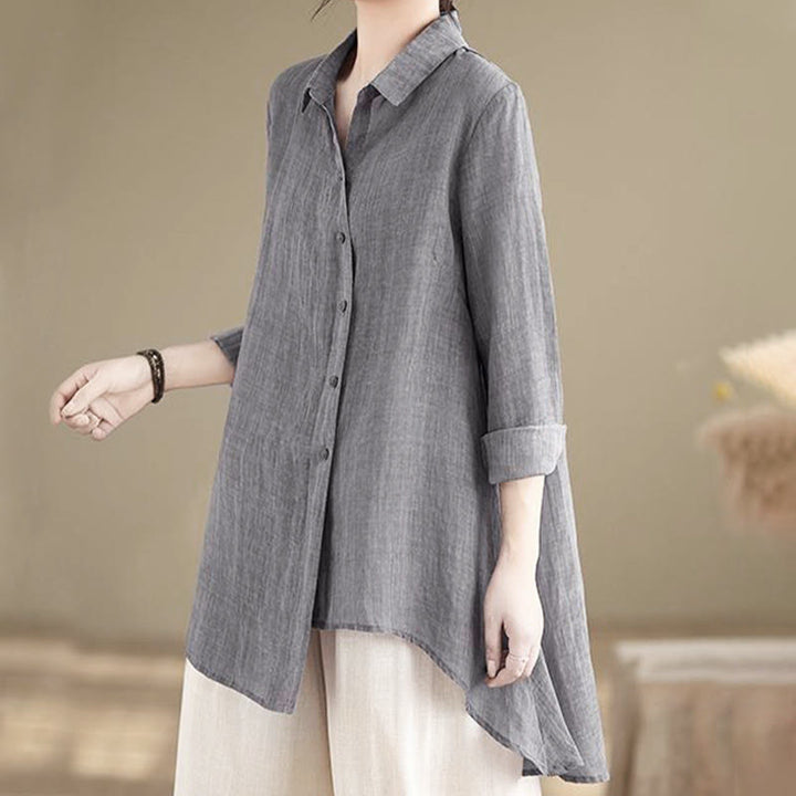 Buddha Stones不規則なデザインボタン 長袖 レディース コットンシャツ - グレー - US12、 UK/AU16、 EU44 (3XL) - image 0