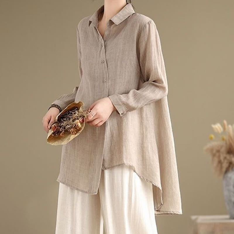 Buddha Stones不規則なデザインボタン 長袖 レディース コットンシャツ - 小麦 - US12、 UK/AU16、 EU44 (3XL) - image 21