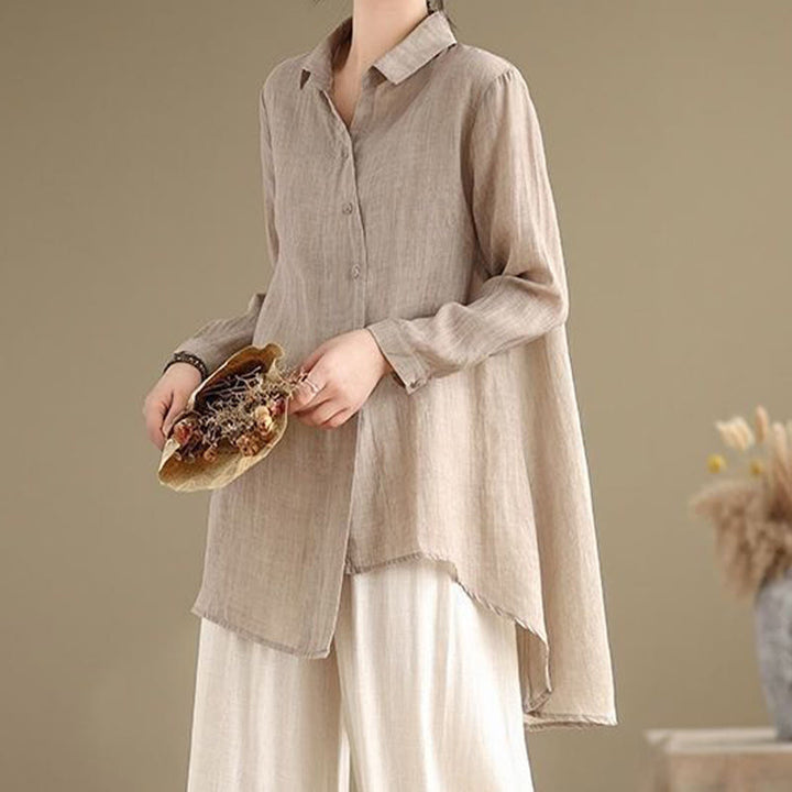 Buddha Stones不規則なデザインボタン 長袖 レディース コットンシャツ - 小麦 - US12、 UK/AU16、 EU44 (3XL) - image 21