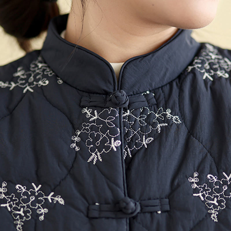 Buddha Stones刺繍入りカエルボタンレディースノースリーブコットンベストウエストコートポケット付き - image 7