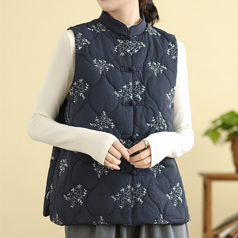 Buddha Stones刺繍入りカエルボタンレディースノースリーブコットンベストウエストコートポケット付き - ミッドナイトブルー - US8-10，UK/AU12-14，EU40-42 (2XL) - image 0