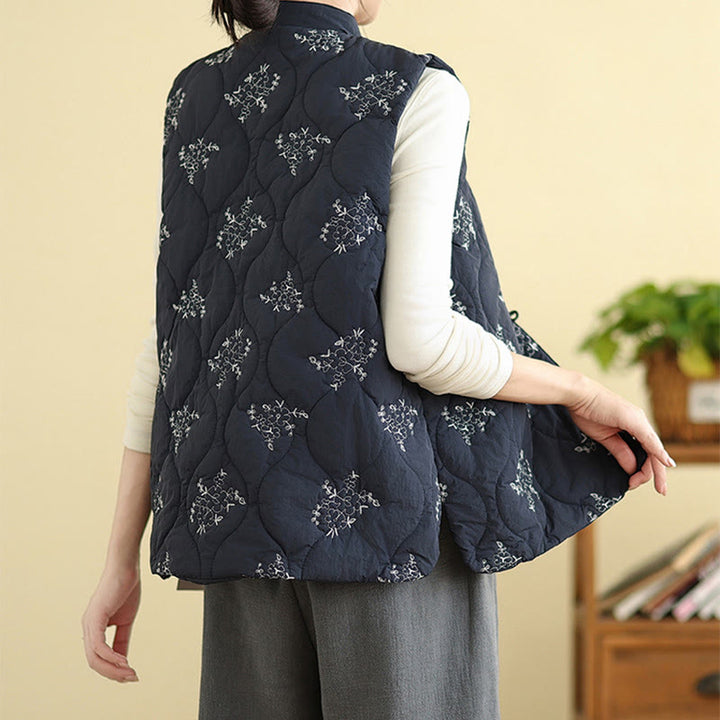 Buddha Stones刺繍入りカエルボタンレディースノースリーブコットンベストウエストコートポケット付き - image 4