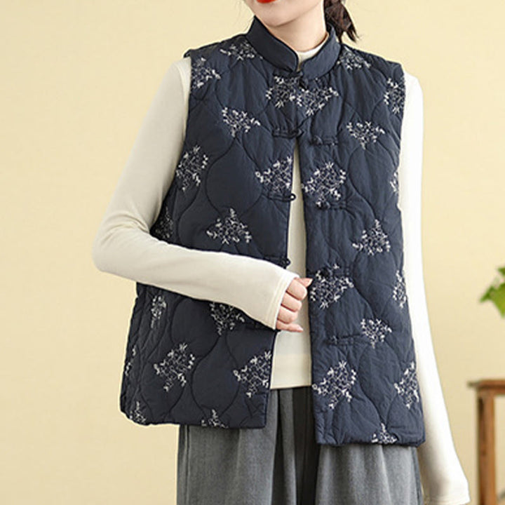 Buddha Stones刺繍入りカエルボタンレディースノースリーブコットンベストウエストコートポケット付き - image 1