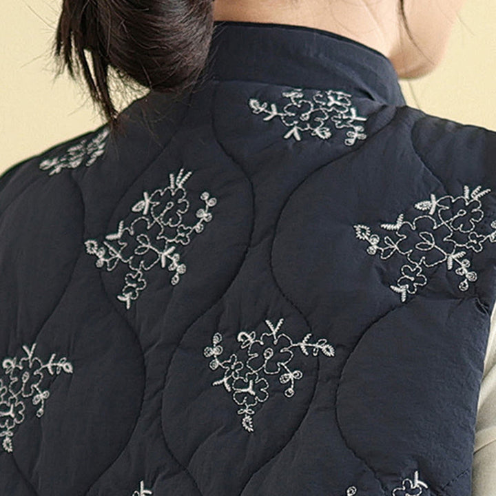 Buddha Stones刺繍入りカエルボタンレディースノースリーブコットンベストウエストコートポケット付き - image 9