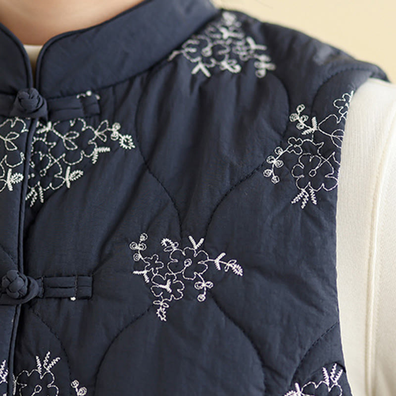 Buddha Stones刺繍入りカエルボタンレディースノースリーブコットンベストウエストコートポケット付き - image 6