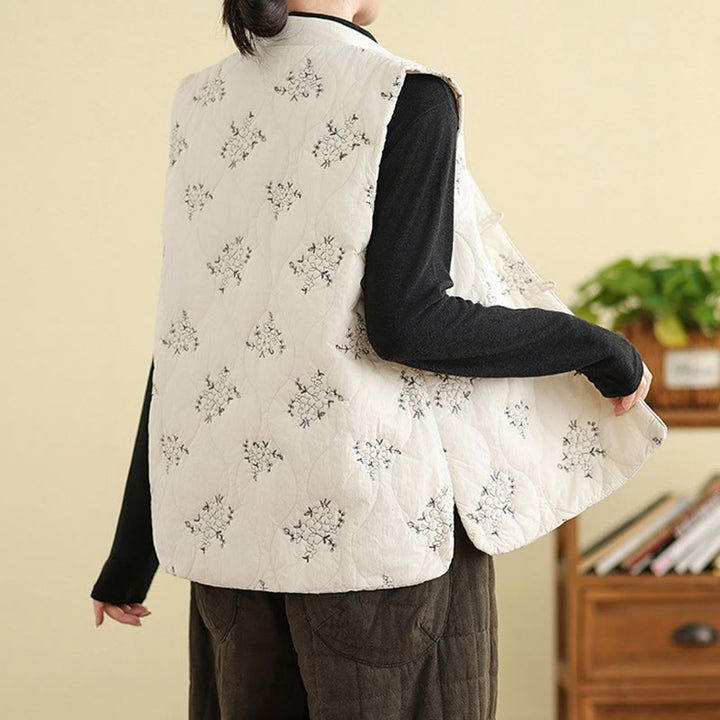 Buddha Stones刺繍入りカエルボタンレディースノースリーブコットンベストウエストコートポケット付き - image 15