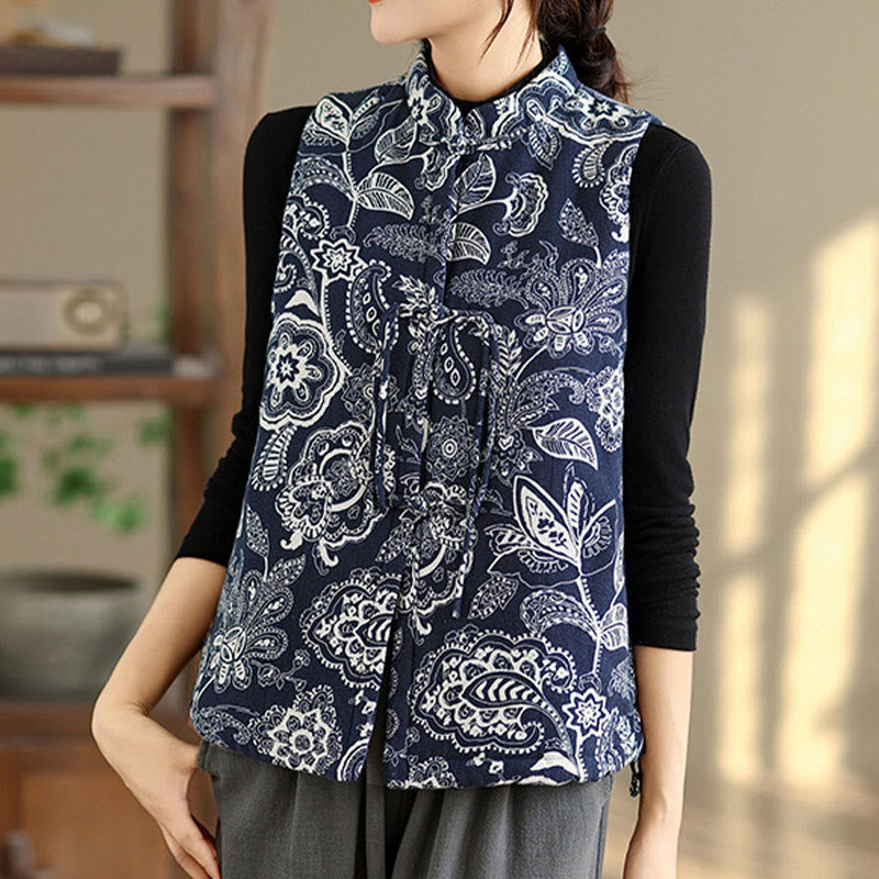 Buddha Stonesのカエルボタンレディースノースリーブコットンベストウエストコートポケット付き - image 5
