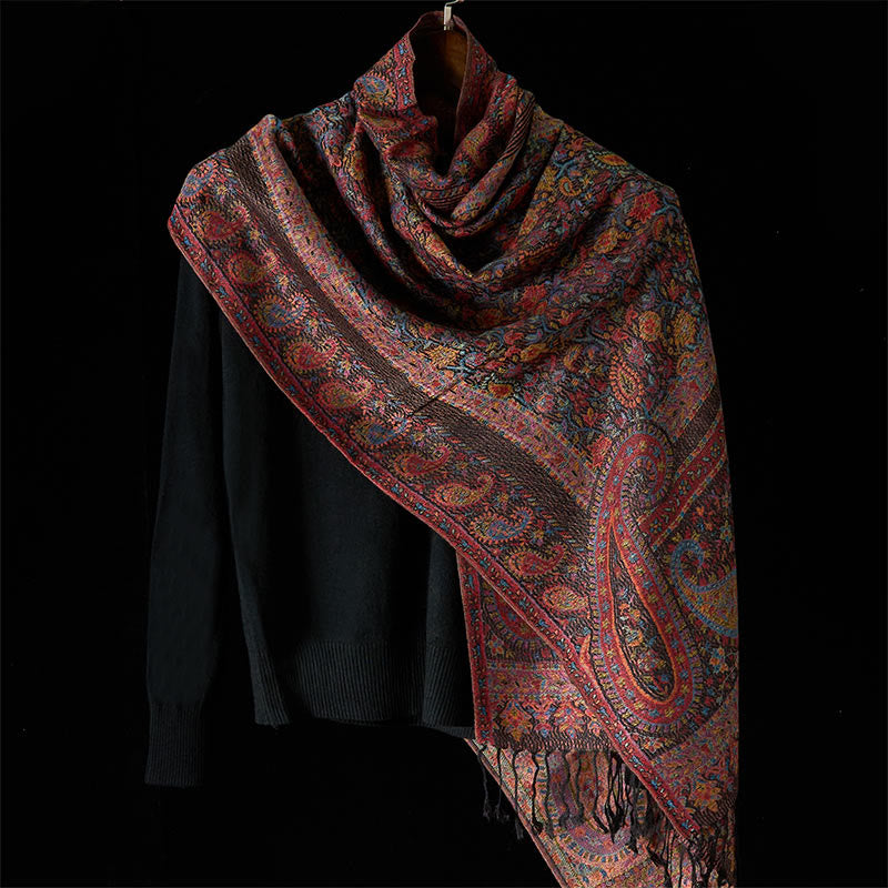 Buddha Stones春 ブラウン カシューナッツ 花 葉 柄 タッセル ソフト スカーフ ショール - image 1