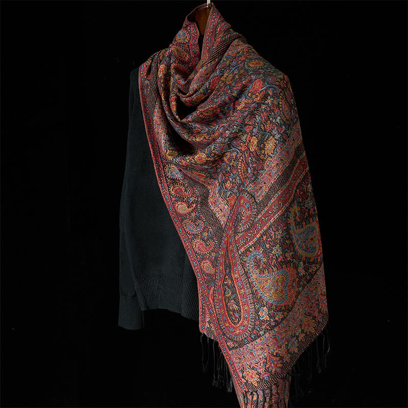 Buddha Stones春 ブラウン カシューナッツ 花 葉 柄 タッセル ソフト スカーフ ショール - image 2