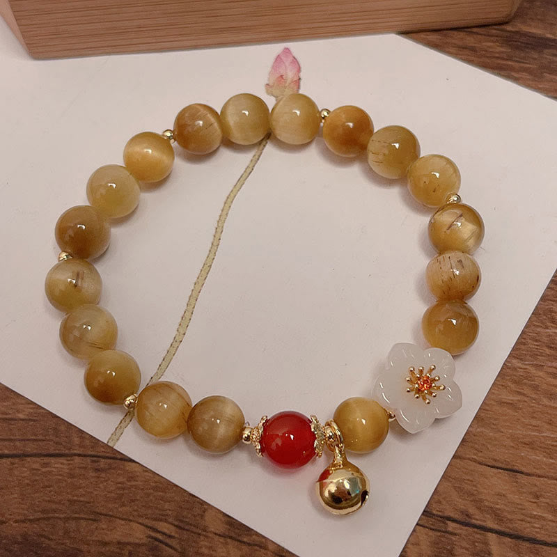 Buddha Stones天然ゴールデンタイガーアイベルフラワー勇気ブレスレット - タイガーアイ＆ホワイトフラワー（手首周り：14～16cm） - image 0