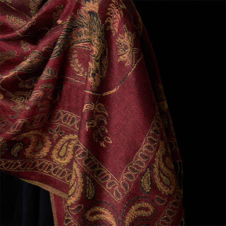 Buddha Stones春 マルーン カシューフラワー 花柄 葉柄 タッセル ソフト スカーフ ショール - image 4