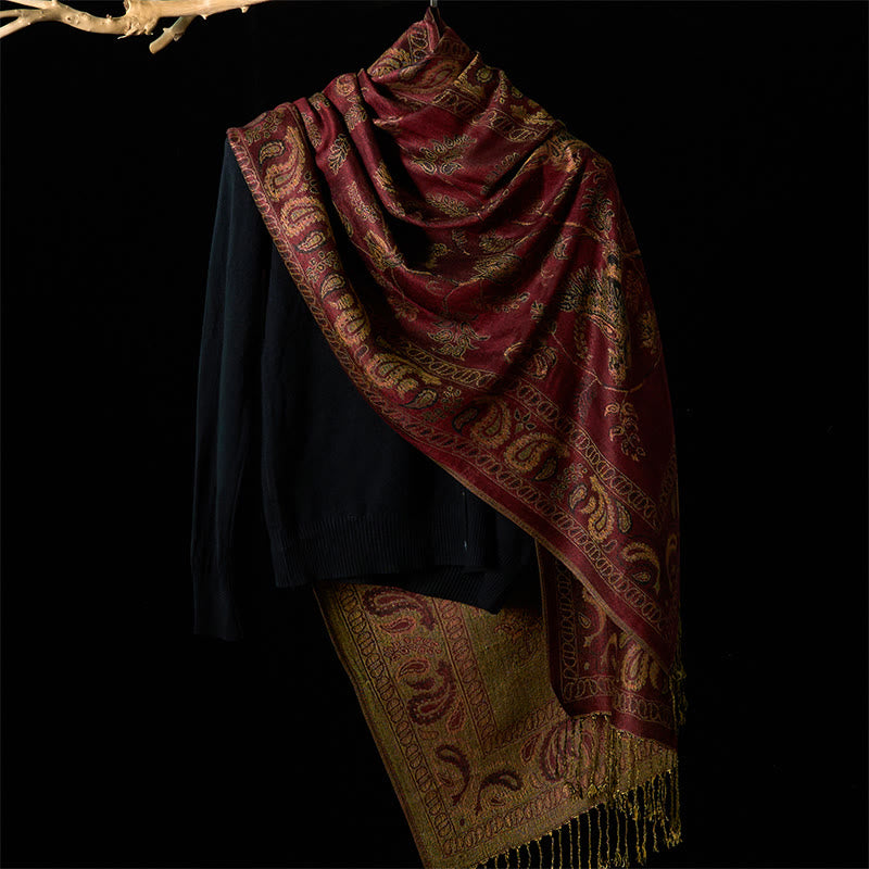 Buddha Stones春 マルーン カシューフラワー 花柄 葉柄 タッセル ソフト スカーフ ショール - image 1