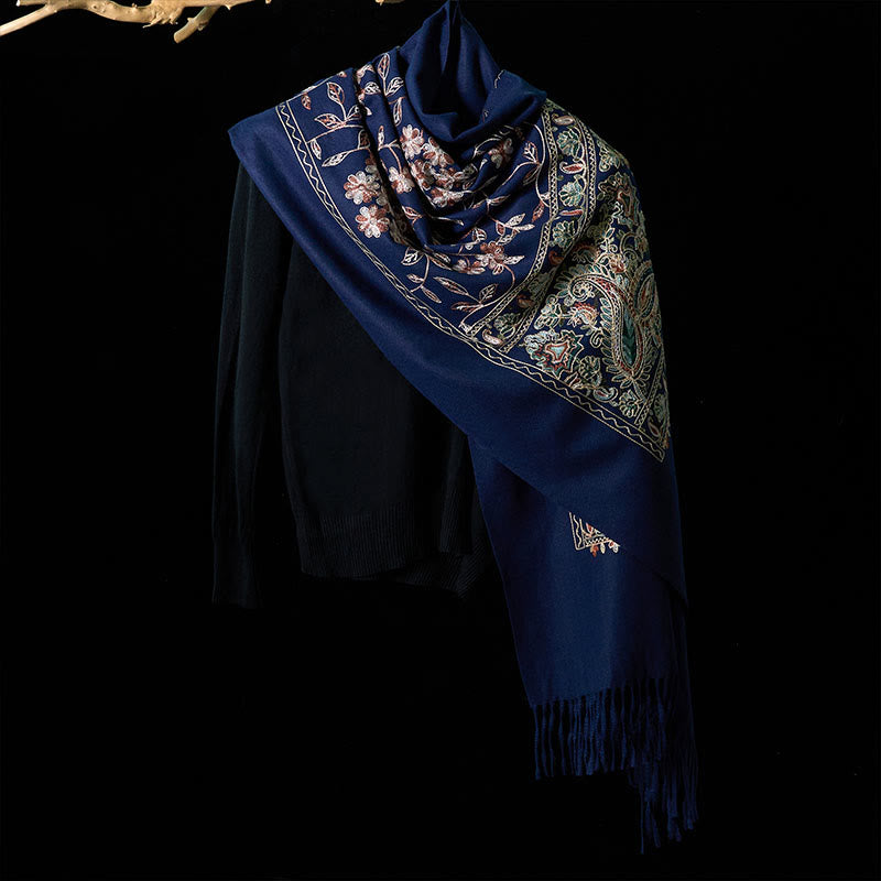 Buddha Stones冬 ブラウンベージュ 小花 つる カシューナッツ 花柄 タッセル 心地よい スカーフ ショール - image 1