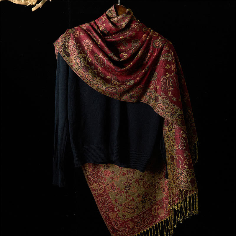 Buddha Stones春 ダークレッド カシューナッツフラワー 花柄 葉柄 タッセル ソフトスカーフ ショール - image 1