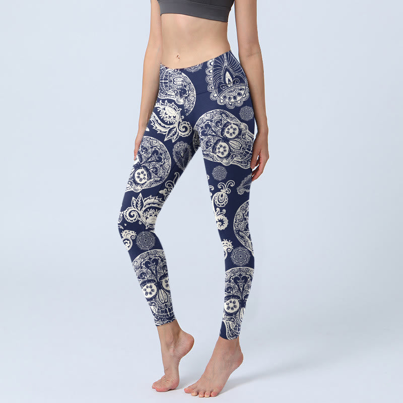 Buddha Stonesペイズリー プラント スカル柄 ジムレギンス レディース ヨガパンツ - 海軍 - US18、 UK/AU22、 EU50 (4XL) - image 0