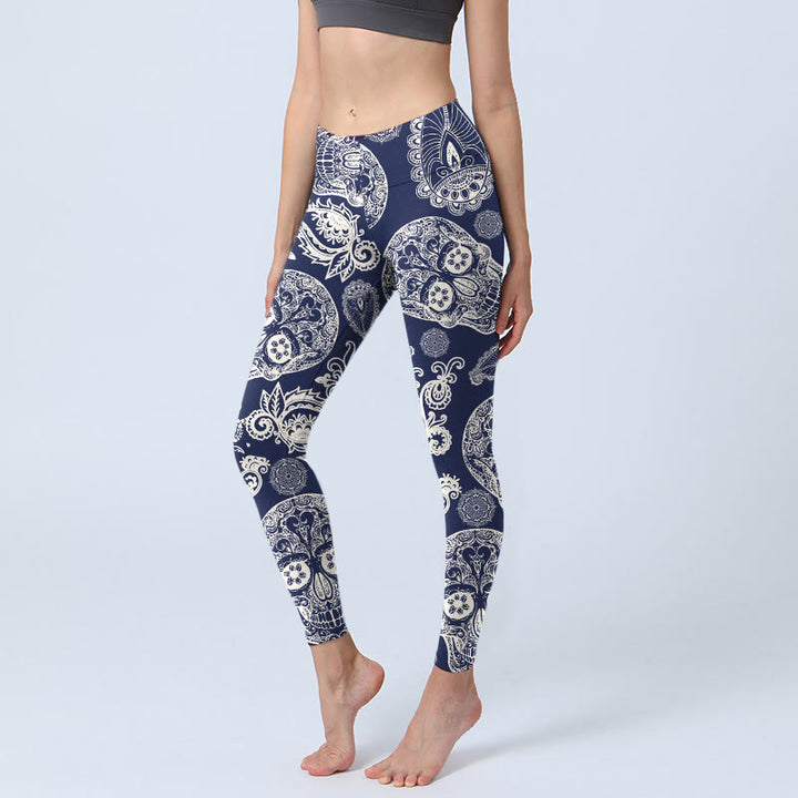 Buddha Stonesペイズリー プラント スカル柄 ジムレギンス レディース ヨガパンツ - 海軍 - US18、 UK/AU22、 EU50 (4XL) - image 0