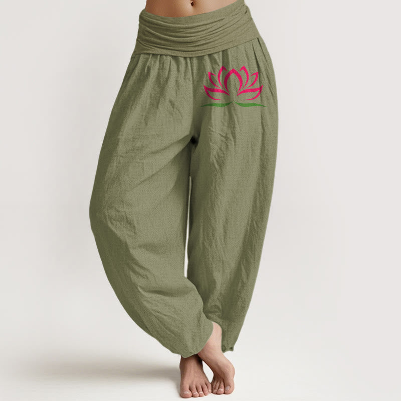 Buddha Stonesシンプルデザイン ピンク 蓮柄 純綿 レディース 伸縮性ウエスト ハーレムパンツ - オリーブドラブ - US22、 UK/AU26、 EU54 (6XL) - image 14