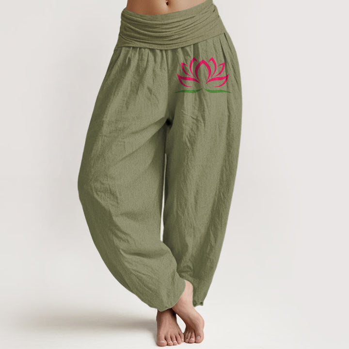 Buddha Stonesシンプルデザイン ピンク 蓮柄 純綿 レディース 伸縮性ウエスト ハーレムパンツ - オリーブドラブ - US22、 UK/AU26、 EU54 (6XL) - image 14