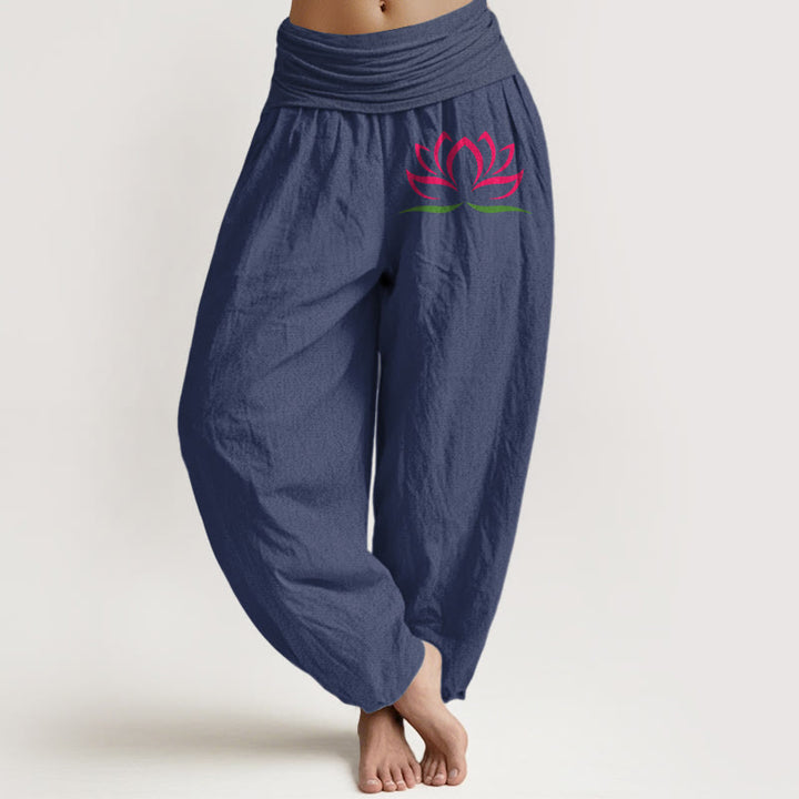 Buddha Stonesシンプルデザイン ピンク 蓮柄 純綿 レディース 伸縮性ウエスト ハーレムパンツ - ダークスレートブルー - US22、 UK/AU26、 EU54 (6XL) - image 5