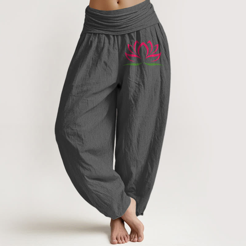 Buddha Stonesシンプルデザイン ピンク 蓮柄 純綿 レディース 伸縮性ウエスト ハーレムパンツ - グレー - US22、 UK/AU26、 EU54 (6XL) - image 8